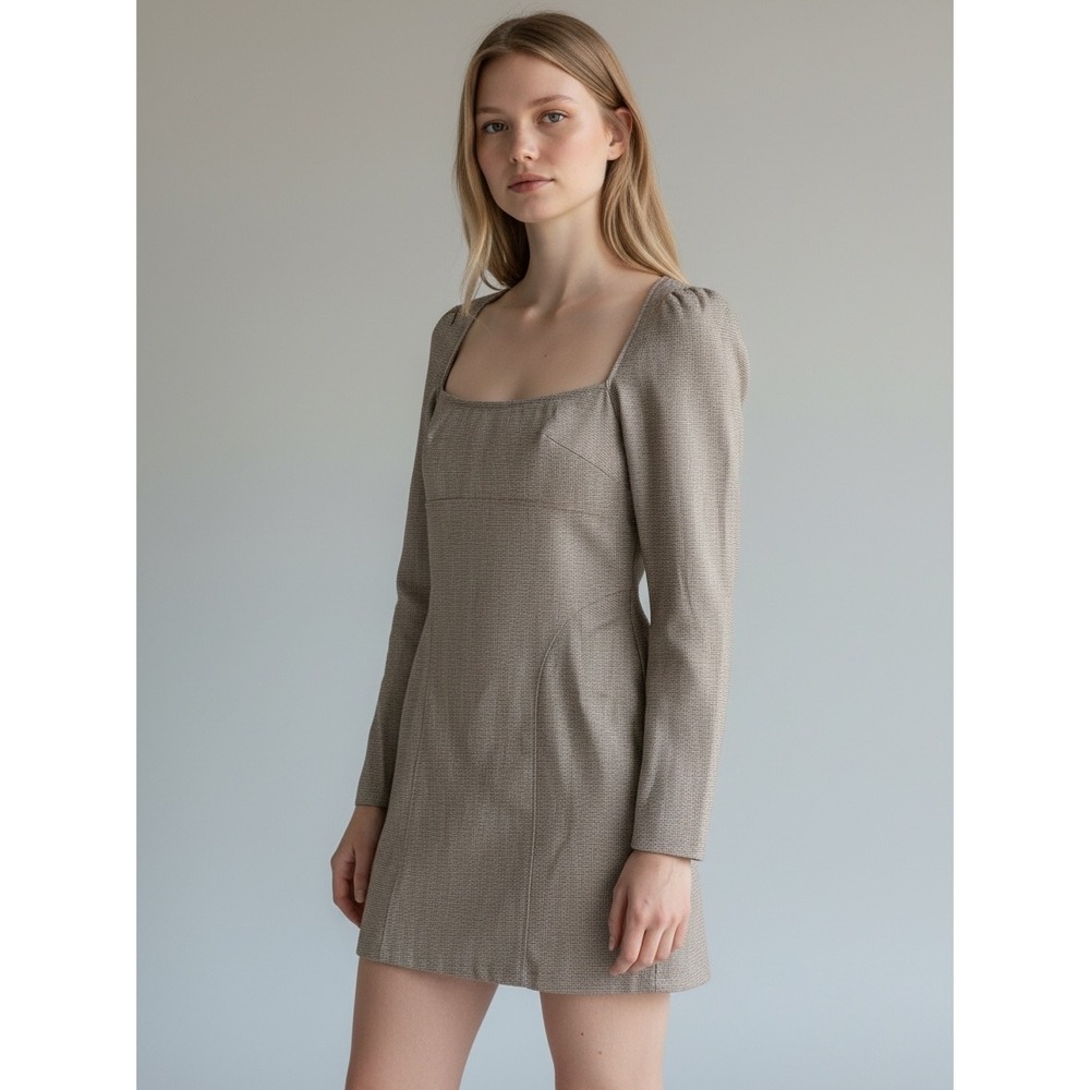 Zara Brown Houndstooth Square Neck Mini Dress Long Sleeve 7385/365/700